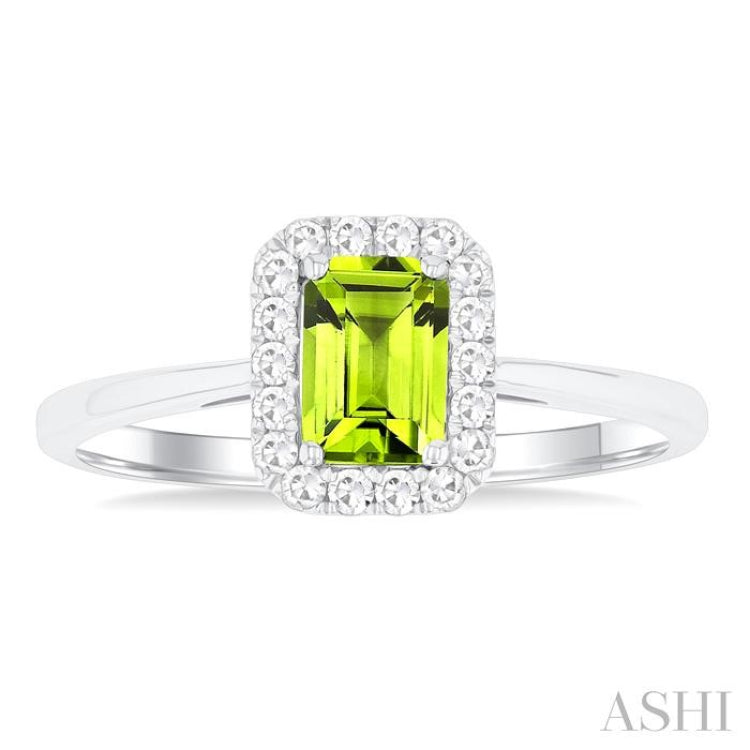 6x4 MM Octagonal Shape Peridot and 1/6 Ctw Round Cut Diamond Halo Semi-Precious Ring in 14K White Gold