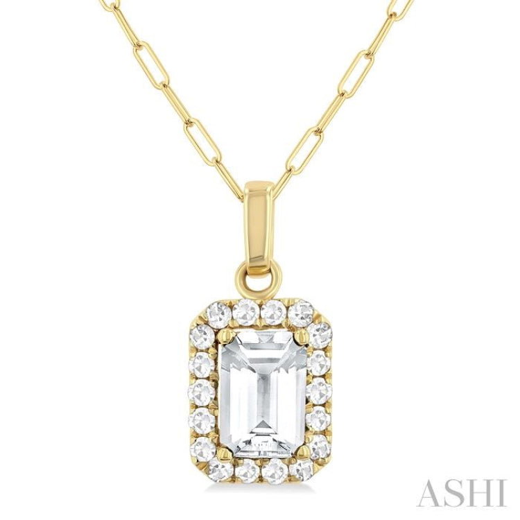 6x4 MM Octagonal Shape White Topaz and 1/6 Ctw Round Cut Diamond Halo Semi-Precious Pendant with Chain in 10K Yellow Gold