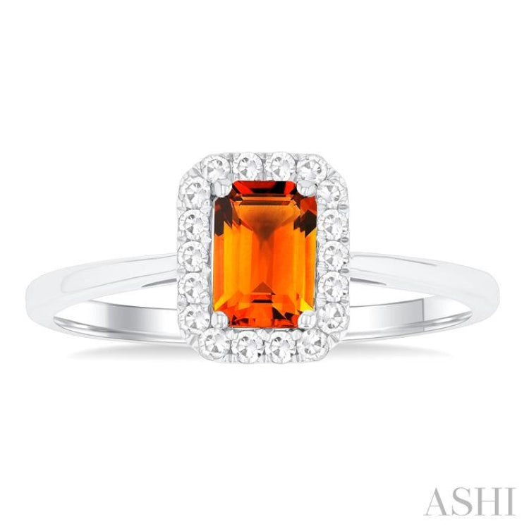 6x4 MM Octagonal Shape Citrine and 1/6 Ctw Round Cut Diamond Halo Semi-Precious Ring in 10K White Gold