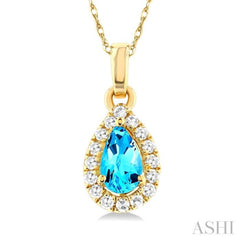 5x3 MM Pear Shape Blue Topaz and 1/20 Ctw Single Cut Diamond Halo Semi-Precious Pendant with Chain in 10K Yellow Gold