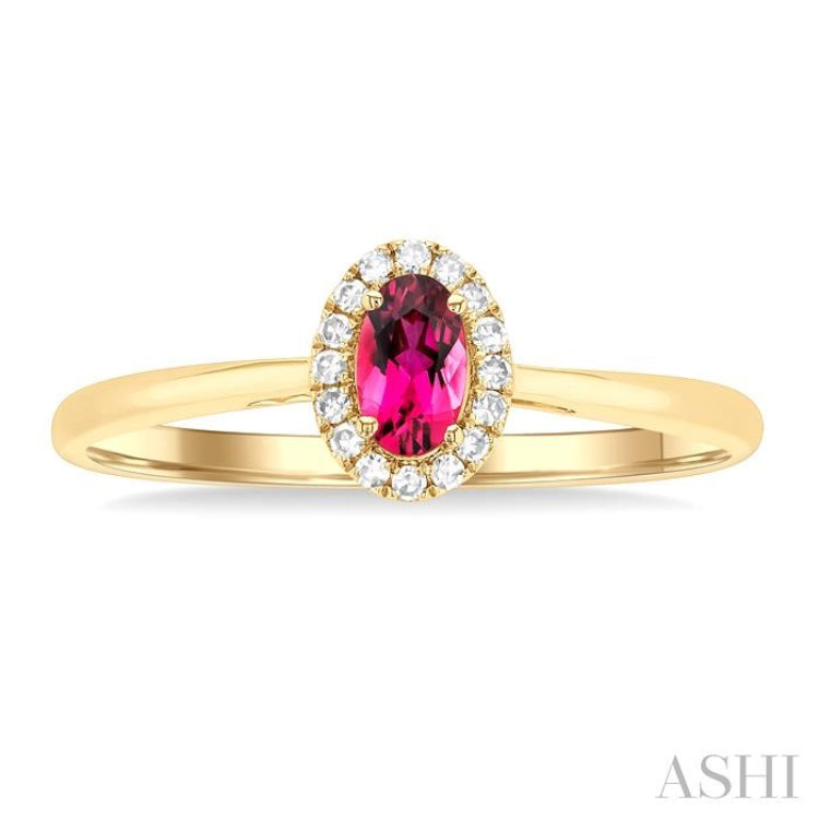5x3 MM Oval Shape Pink Tourmaline and 1/20 Ctw Single Cut Diamond Halo Semi-Precious Ring in 14K Yellow Gold