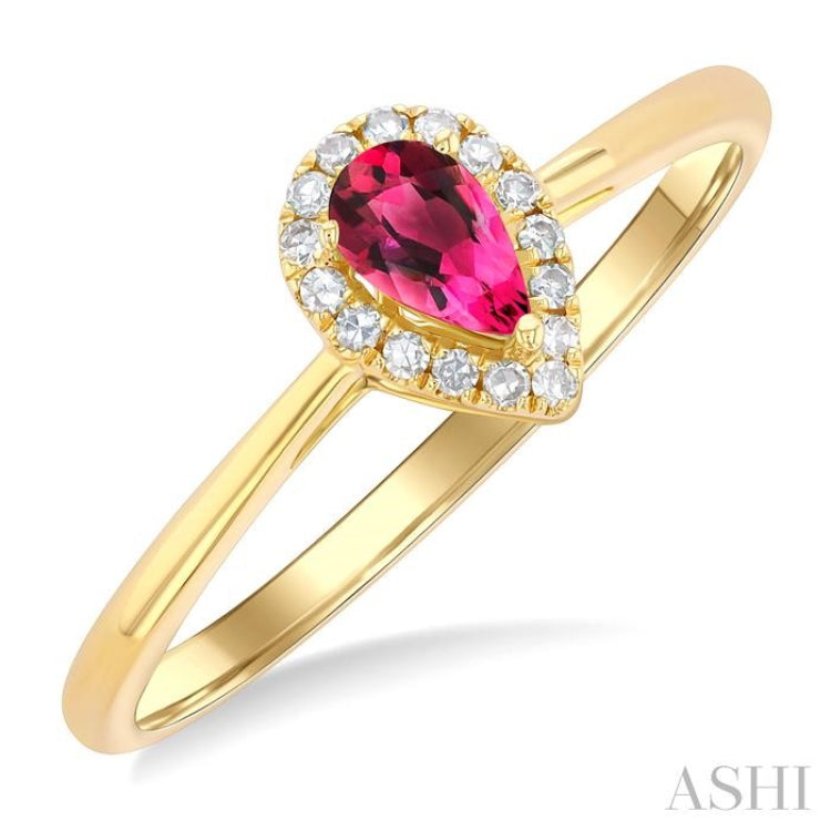 5x3 MM Pear Shape Pink Tourmaline and 1/20 Ctw Single Cut Diamond Halo Semi-Precious Ring in 10K Yellow Gold