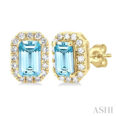 5x3 MM Octagonal Shape Aquamarine and 1/8 Ctw Single Cut Diamond Halo Semi-Precious Stud Earrings in 10K Yellow Gold