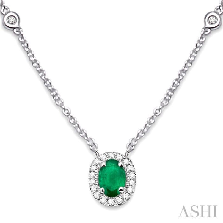 6x4 MM Oval Cut Emerald and 1/6 Ctw Round Cut Diamond Necklace in 14K White Gold