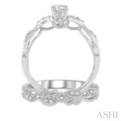 3/8 Ctw Leaf Lattice Diamond Wedding Set With 1/3 Ctw Round Cut Engagement Ring and 1/20 Ctw Wedding Band in 14K White Gold