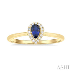 5x3 MM Pear Shape Sapphire and 1/20 Ctw Single Cut Diamond Halo Precious Ring in 10K Yellow Gold