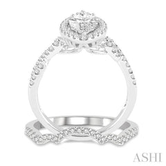 1 1/6 Ctw Round Cut Diamond Wedding Set With 1 Ctw Split Bow Shank Marquise Cut Engagement Ring and 1/6 Ctw Triple Arch Wedding Band in 14K White Gold