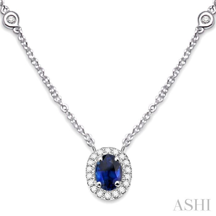 6x4 MM Oval Cut Sapphire and 1/6 Ctw Round Cut Diamond Precious Necklace in 14K White Gold