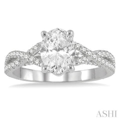 5/8 Ctw Oval Shape Split Criss-Cross Shank Round Cut Diamond Semi-Mount Engagement Ring in 14K White Gold