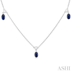 5x3 MM Oval Shape Sapphire and 1/8 Ctw Round Cut Diamonds Precious Station Necklace in 10K White Gold