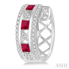 2.4x2.4 MM Princess Cut Ruby and 1/3 Ctw Round Cut Diamond Precious Earrings in 14K White Gold