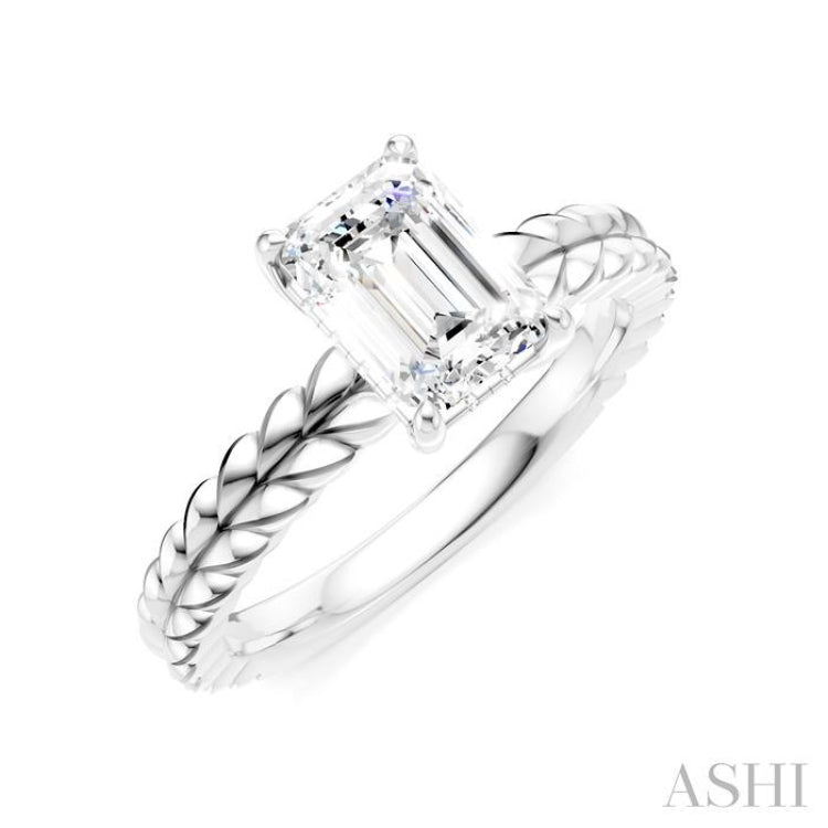 1/20 Ctw Emerald Shape Round Cut Diamond Semi-Mount Engagement Ring in 14K White Gold