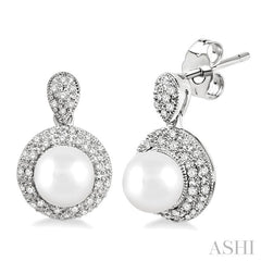 6 MM Cultured Pearls and 1/3 Ctw Round Cut Diamond Earrings in 10K White Gold