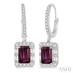 6x4 MM Emerald Cut Rhodolite Garnet and 5/8 Ctw Diamond Semi-Precious Earrings in 14K White Gold