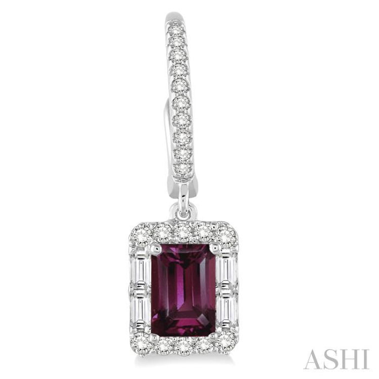 6x4 MM Emerald Cut Rhodolite Garnet and 5/8 Ctw Diamond Semi-Precious Earrings in 14K White Gold