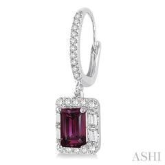 6x4 MM Emerald Cut Rhodolite Garnet and 5/8 Ctw Diamond Semi-Precious Earrings in 14K White Gold