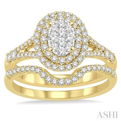 7/8 Ctw Lovebright Round Cut Diamond Wedding Set With 3/4 Ctw Oval Shape Engagement Ring and 1/6 Ctw Wedding Band in 14K Yellow and White Gold
