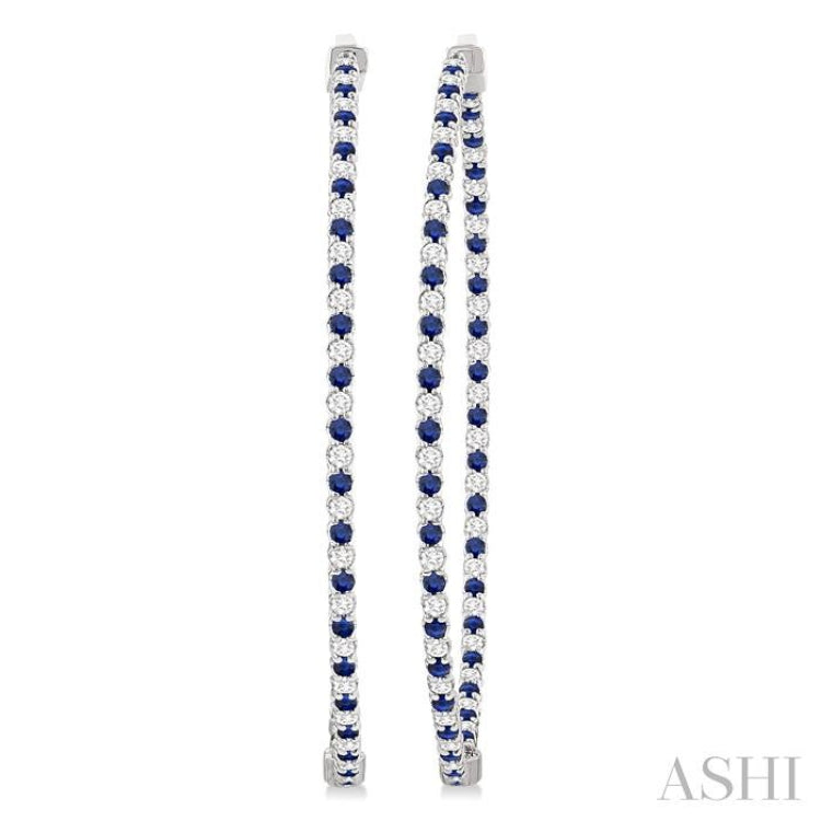 1.6 MM Sapphire and Alternating 1 1/2 Ctw Round Cut Inside-Out Diamond Precious Hoop Earrings in 14K White Gold