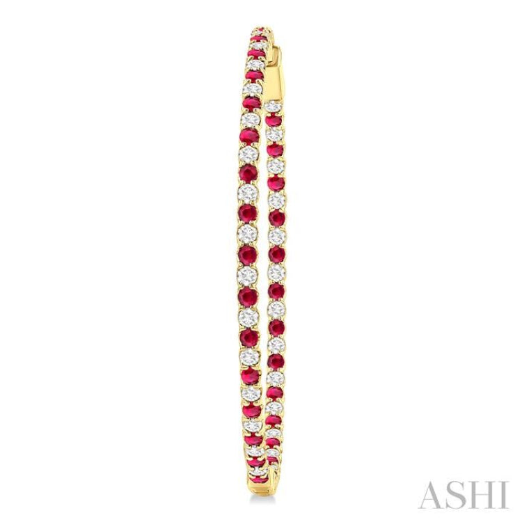 2.1 MM Ruby and Alternating 2 1/2 Ctw Round Cut Inside-Out Diamond Precious Hoop Earrings in 14K Yellow Gold