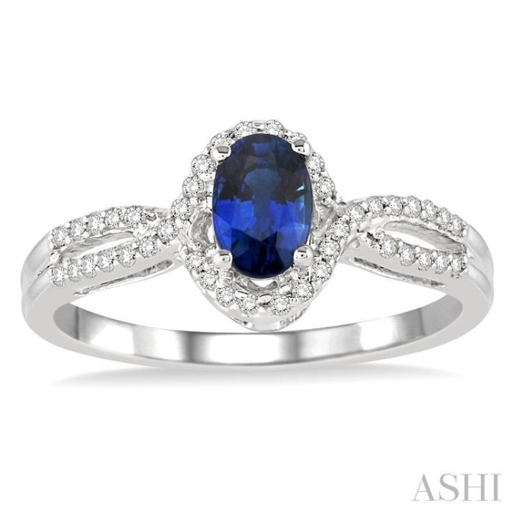 6X4 MM Oval Cut Sapphire and 1/6 Ctw Round Cut Diamond Ring in 14K White Gold