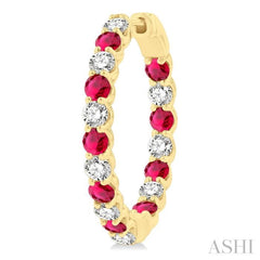 2.7 MM Round Shape Ruby and 1 1/4 Ctw Interior & Exterior Round Cut Diamond Precious Hoop Earrings in 14K Yellow Gold