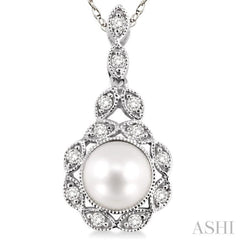 6.5 MM Cultured Pearl and 1/10 ctw Single Cut Diamond Pendant in 14K White Gold with Chain