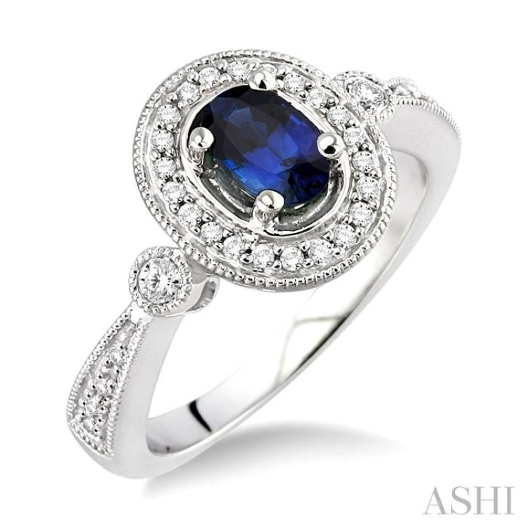 6x4 MM Oval Cut Sapphire and 1/5 ctw Round Cut Diamond Ring in 14K White Gold