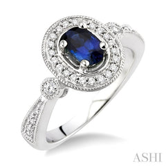 6x4 MM Oval Cut Sapphire and 1/5 ctw Round Cut Diamond Ring in 14K White Gold