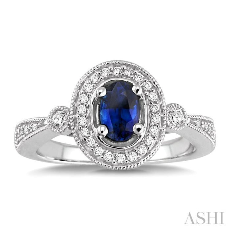 6x4 MM Oval Cut Sapphire and 1/5 ctw Round Cut Diamond Ring in 14K White Gold