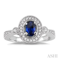 6x4 MM Oval Cut Sapphire and 1/5 ctw Round Cut Diamond Ring in 14K White Gold