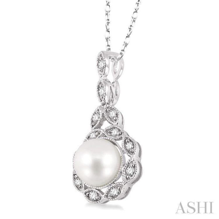 6.5 MM Cultured Pearl and 1/10 ctw Single Cut Diamond Pendant in 10K White Gold with Chain