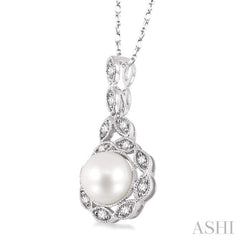6.5 MM Cultured Pearl and 1/10 ctw Single Cut Diamond Pendant in 10K White Gold with Chain