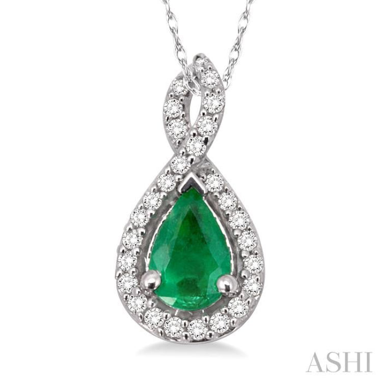 6x4 MM Pear Shape Emerald and 1/10 ctw Round Cut Diamond Pendant in 14K White Gold with Chain