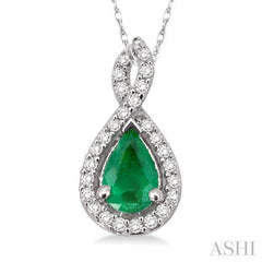 6x4 MM Pear Shape Emerald and 1/10 ctw Round Cut Diamond Pendant in 14K White Gold with Chain