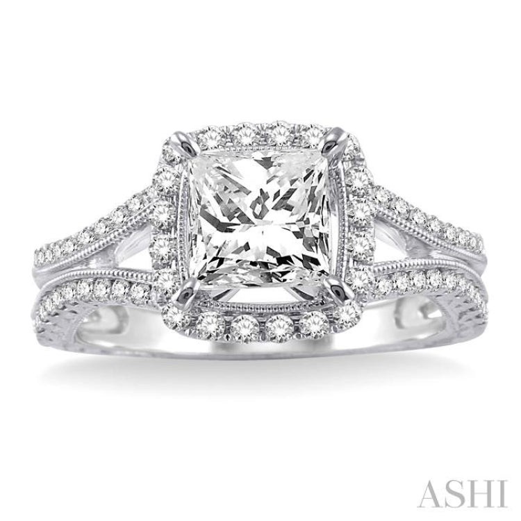1 1/6 ctw Diamond Engagement Ring with 3/4 ct Princess Cut Center Stone in 14K White Gold