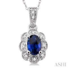 6x4 MM Oval Cut Sapphire and 1/20 ctw Single Cut Diamond Pendant in 10K White Gold with Chain