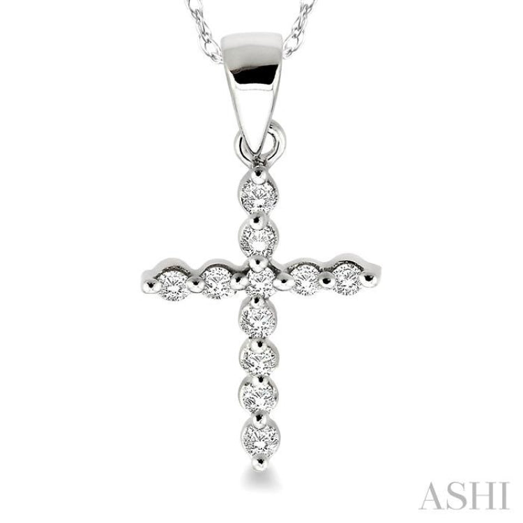1/10 ctw Round Cut Diamond Cross Petite Pendant in 10K White Gold with Chain