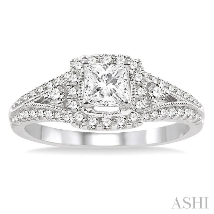 3/4 ctw Diamond Engagement Ring with 1/4 ct Princess Cut Center Stone in 14K White Gold
