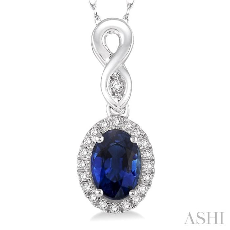 6x4 MM Oval Cut Sapphire and 1/10 ctw Round Cut Diamond Pendant in 10K White Gold with Chain