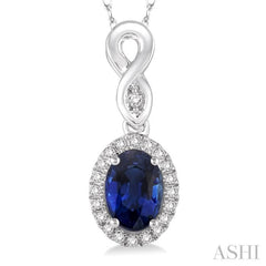 6x4 MM Oval Cut Sapphire and 1/10 ctw Round Cut Diamond Pendant in 10K White Gold with Chain