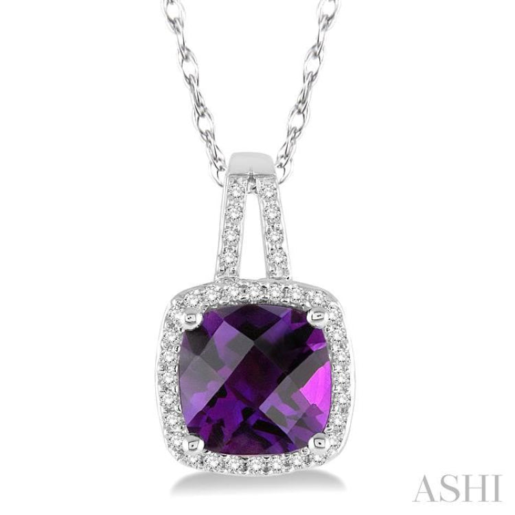 8x8 MM Cushion Shape Amethyst and 1/5 ctw Round Cut Diamond Pendant in 10K White Gold with Chain