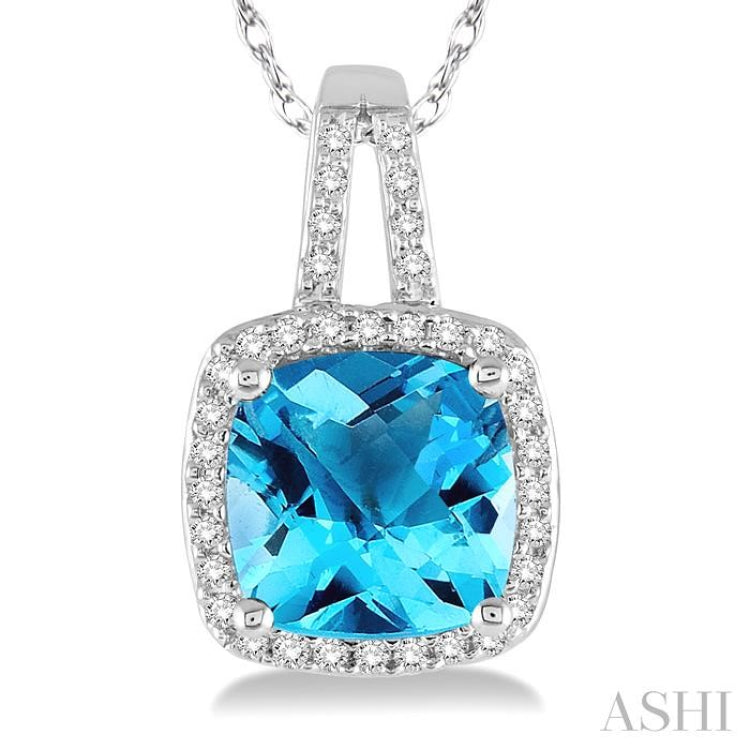 8x8 MM Cushion Shape Blue Topaz and 1/5 ctw Round Cut Diamond Pendant in 10K White Gold with Chain