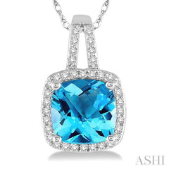 8x8 MM Cushion Shape Blue Topaz and 1/5 ctw Round Cut Diamond Pendant in 10K White Gold with Chain
