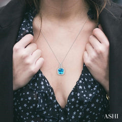 8x8 MM Cushion Shape Blue Topaz and 1/5 ctw Round Cut Diamond Pendant in 10K White Gold with Chain