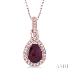7x5 MM Pear Shape Rhodolite Garnet and 1/10 ctw Round Cut Diamond Pendant in 10K Rose Gold with Chain
