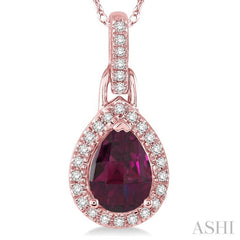 7x5 MM Pear Shape Rhodolite Garnet and 1/10 ctw Round Cut Diamond Pendant in 10K Rose Gold with Chain