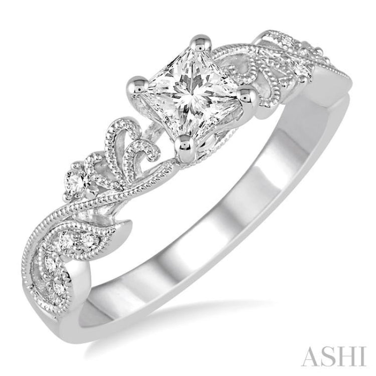 1/3 ctw Diamond Engagement Ring with 1/5 ct Princess Cut Center Stone in 14K White Gold