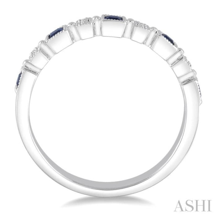 2 MM Princess Shape Sapphire and 1/50 ctw Round Diamond Precious Stone Wedding Band in 14K White Gold