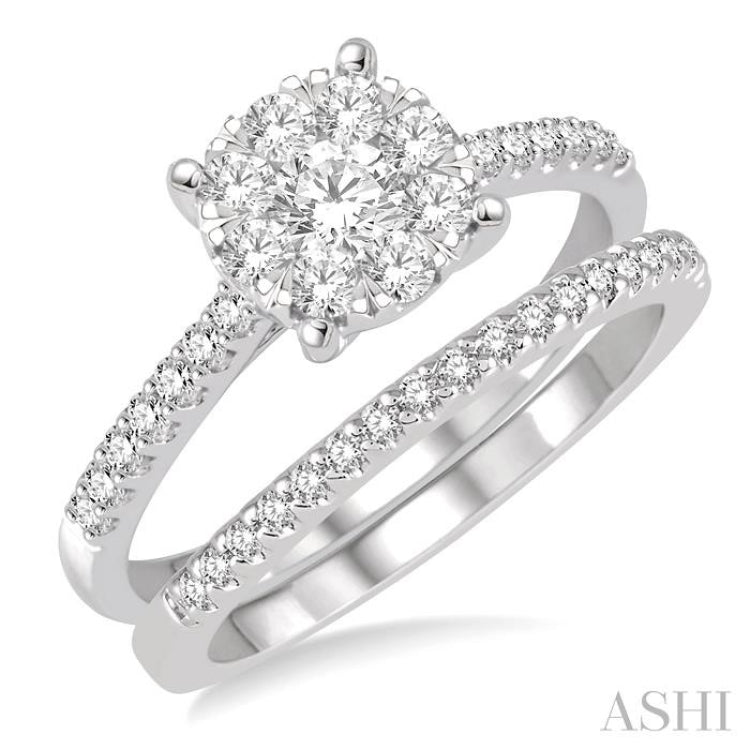 1 ctw Round Cut Diamond Lovebright Bridal Set with 3/4 ctw Engagement Ring and 1/4 ctw Wedding Band in 14K White Gold