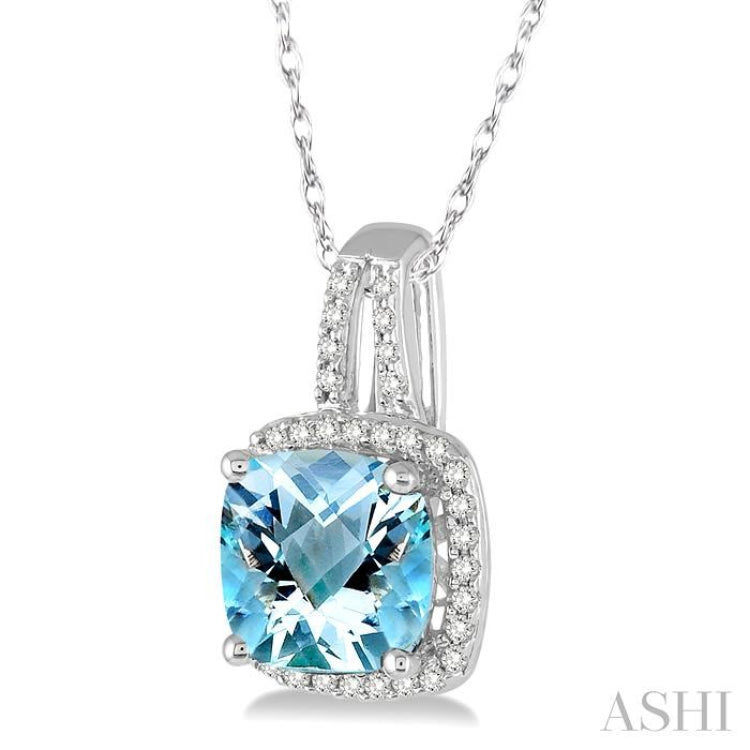 8x8 MM Cushion Shape Aquamarine and 1/5 ctw Round Cut Diamond Pendant in 10K White Gold with Chain